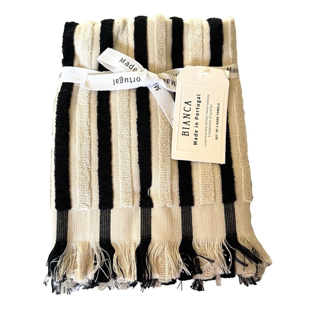 Bianca Hand Towels Set of 2 Luxury Ivory Black Stripe Made in Portugal Textured